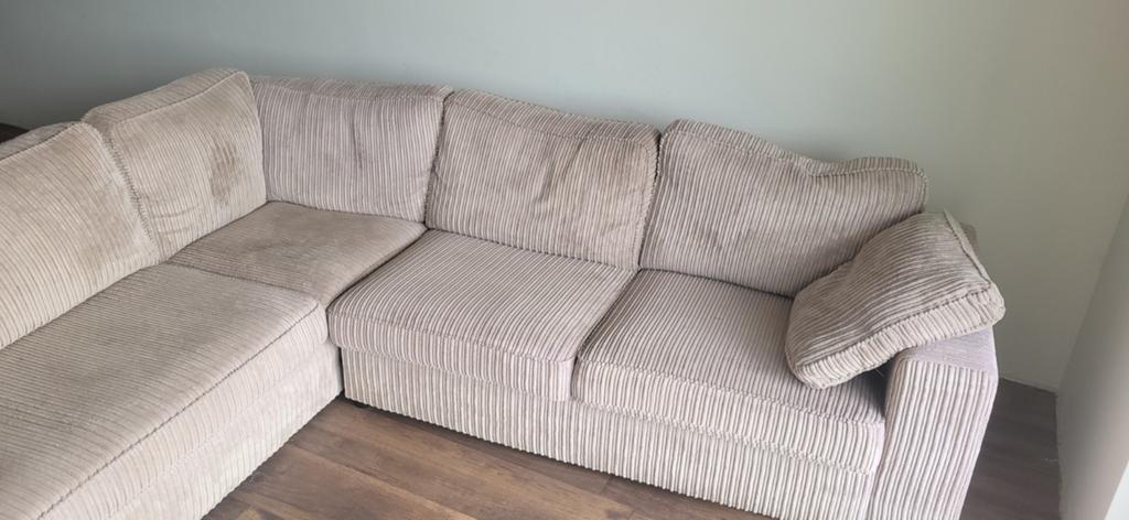 Moderne hoekbank beige ribstof - loungebank chaise lounge, Ophalen of Verzenden, Vierpersoons of meer