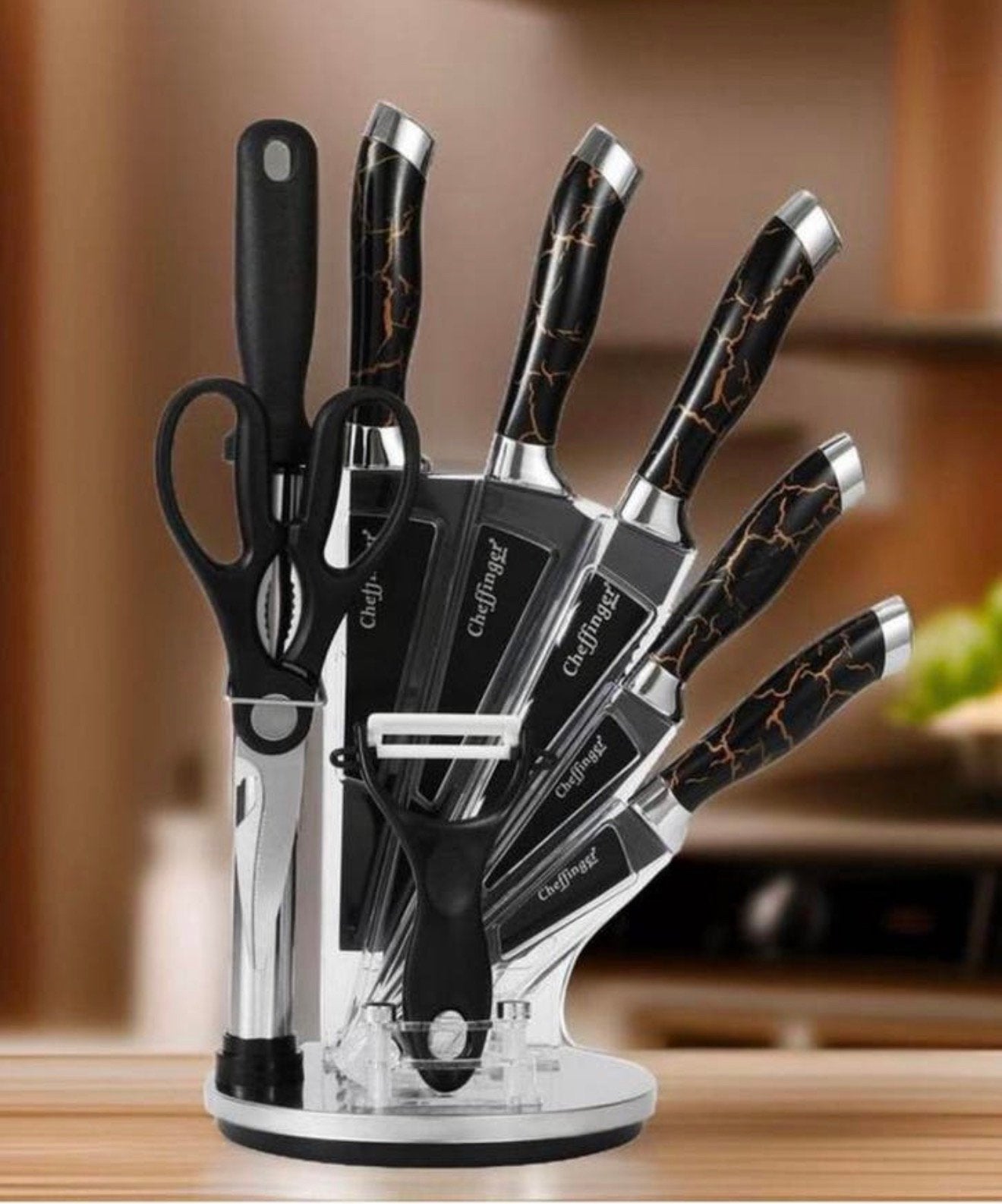 Cheffinger Messenset + voet 9-delig Zwart Rosé Goud Marmer, Huis en Inrichting, Keuken | Bestek, Nieuw, Ophalen of Verzenden, H