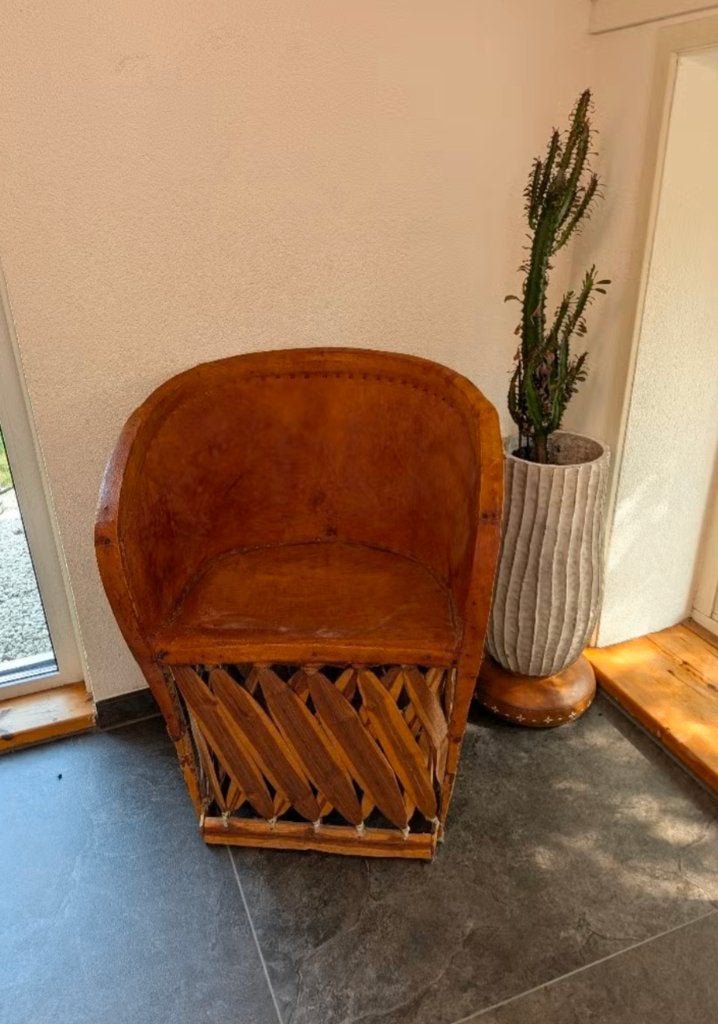 Bijzondere stoel vintage leer hout, Ophalen, Gebruikt, Bruin, Bohemian