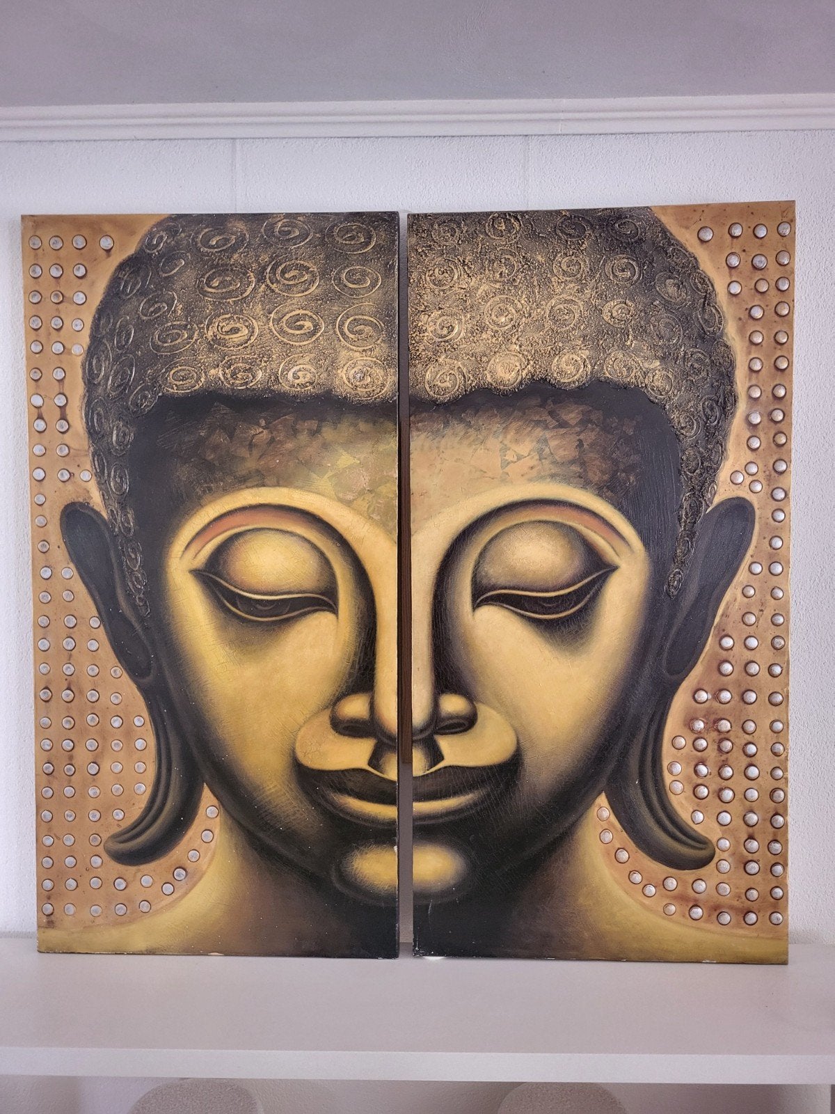 Boeddha schilderij - Twee panelen, Overig onderwerp, Op houten frame, Ophalen of Verzenden, Olieverf