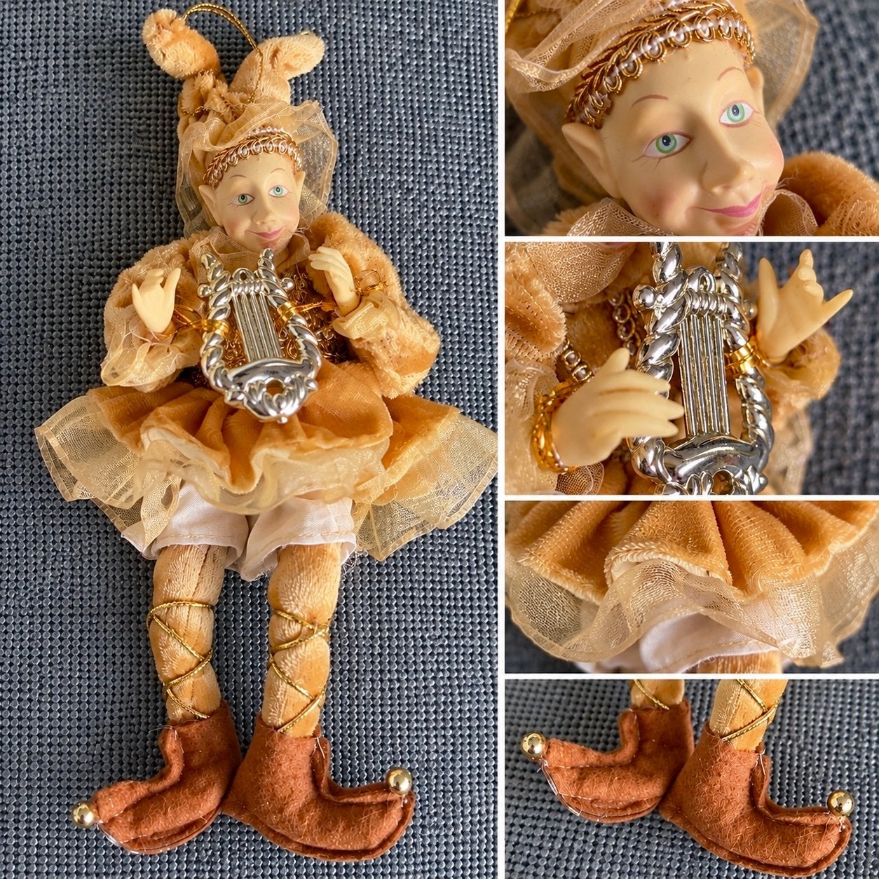 Vintage kerstelf harlekijn – Venetiaanse kerstpop met lier, Ophalen of Verzenden, Zo goed als nieuw