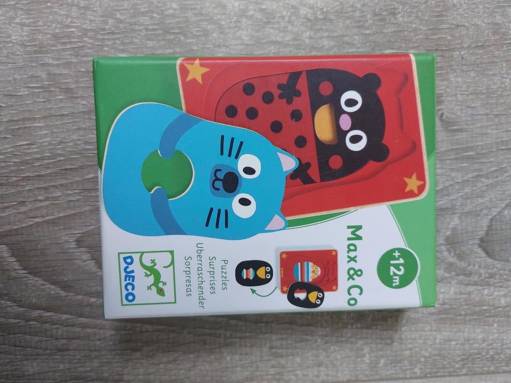 Djeco Houten Puzzel Max & Co - Vrolijke Dieren, Ophalen of Verzenden, Zo goed als nieuw, Van hout, Minder dan 10 stukjes