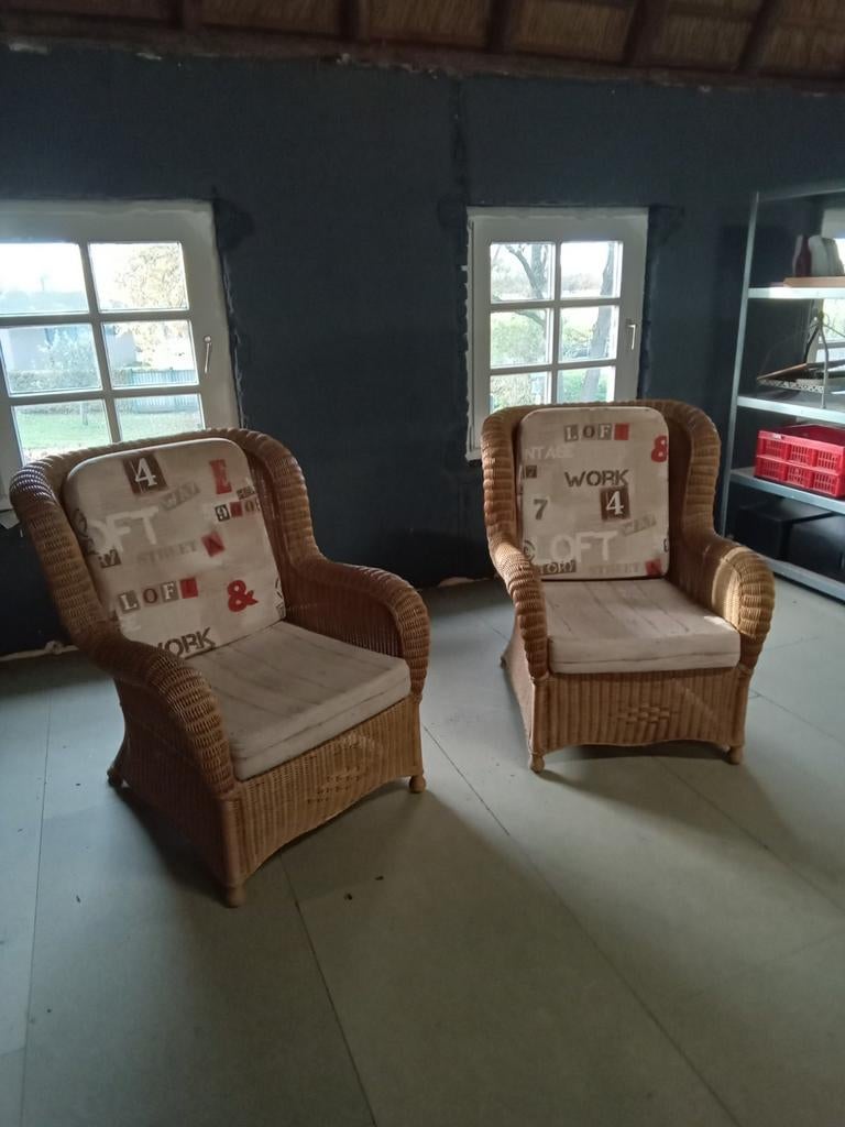 rieten / rotan fauteuils met dikke kussens, Ophalen, Zo goed als nieuw, 75 tot 100 cm, Riet of Rotan