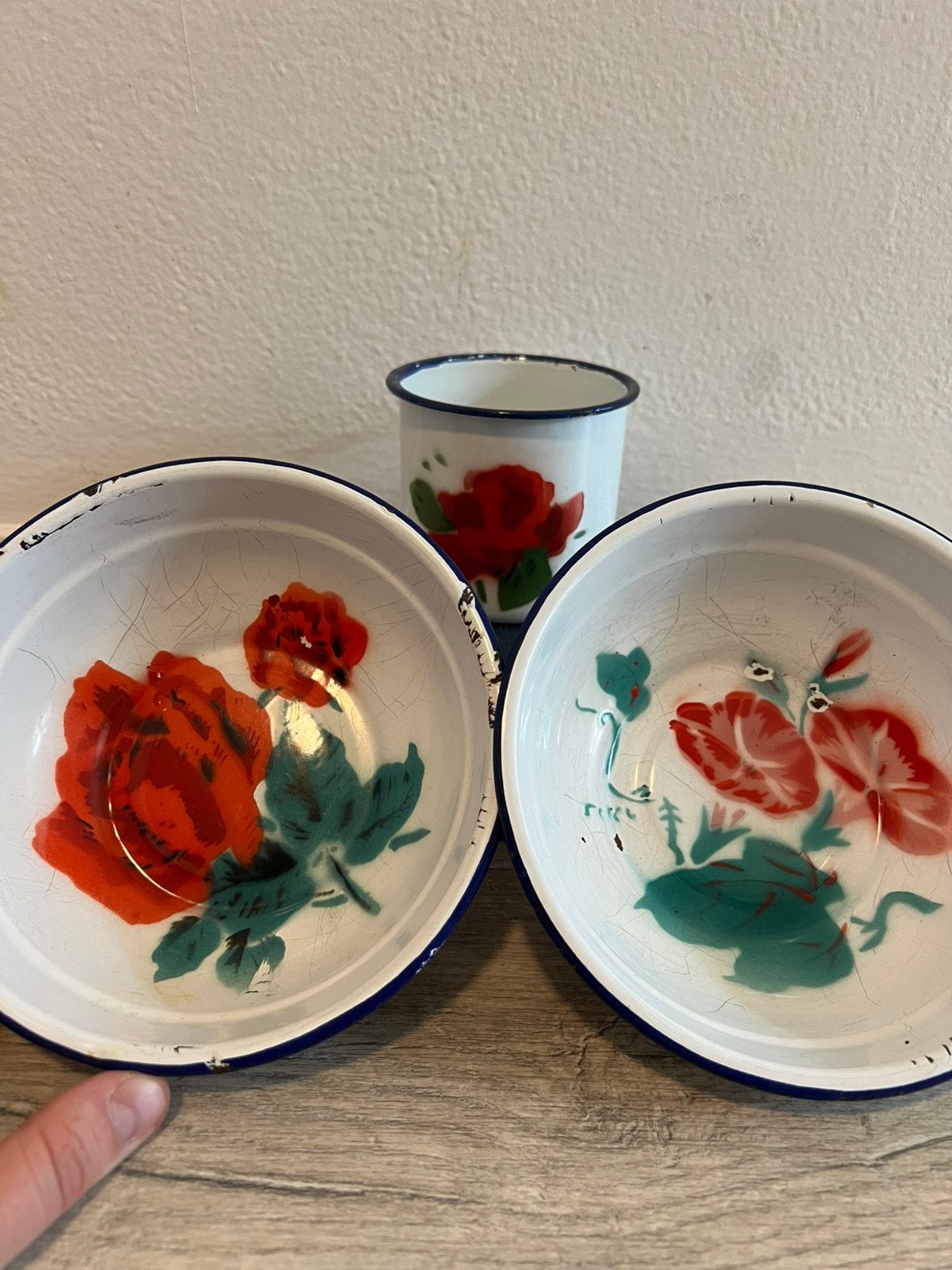Retro/vintage emaille set rode bloem Bumper Harvest Shanghai, Verzenden