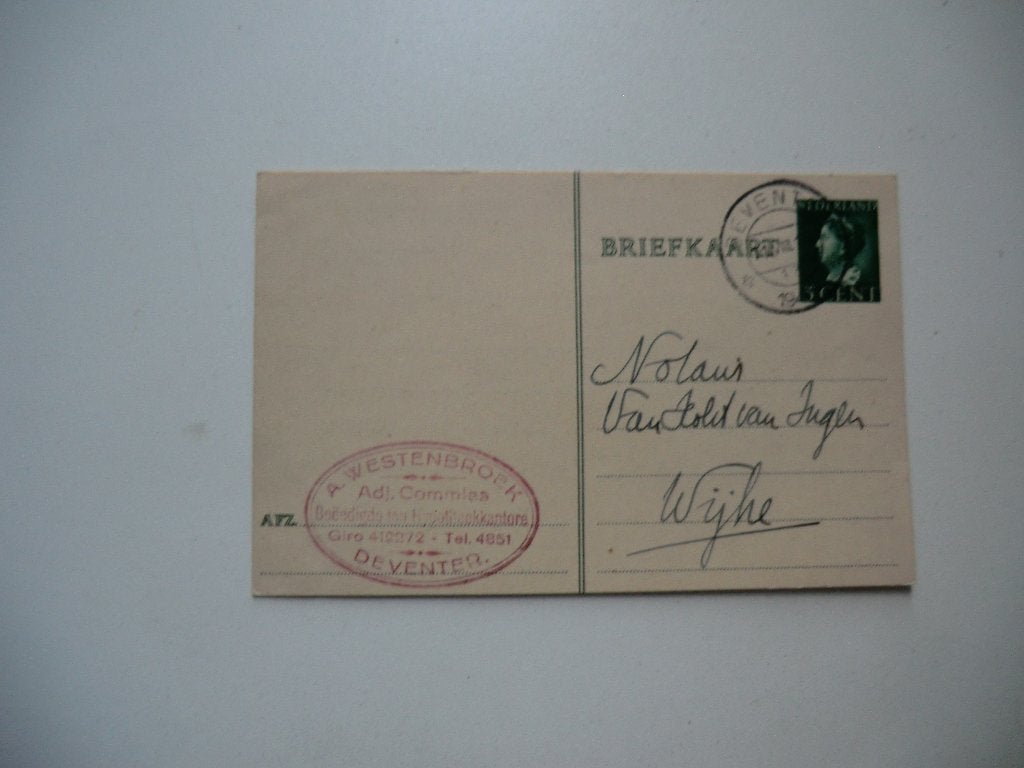 Deventer,A.Westenbroek,Wijhe,Notaris van Hold van Ingen,1945, Verzamelen, Ophalen of Verzenden, 1940 tot 1960, Gelopen, Overijssel