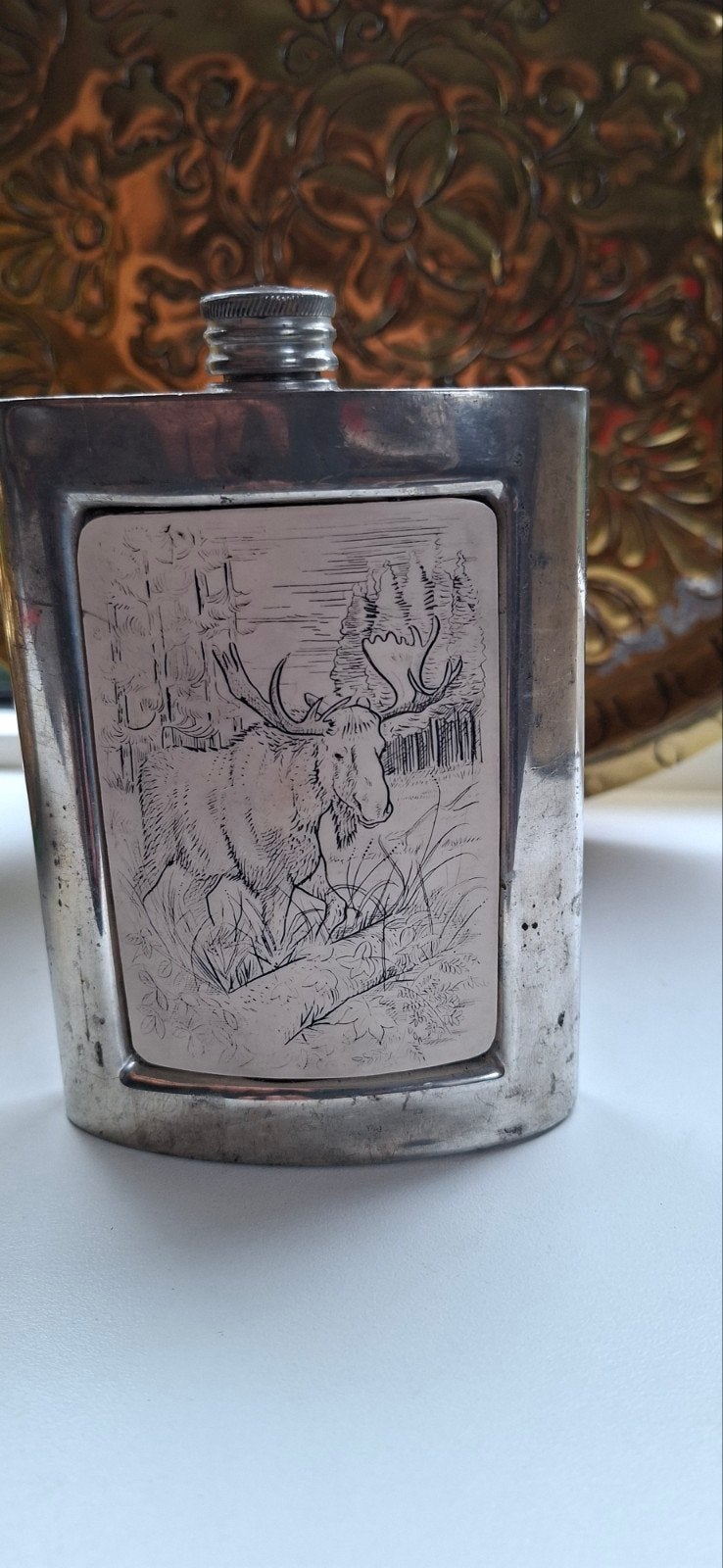 vintage metalen drinkfles, eland, sterke drank, Ophalen of Verzenden