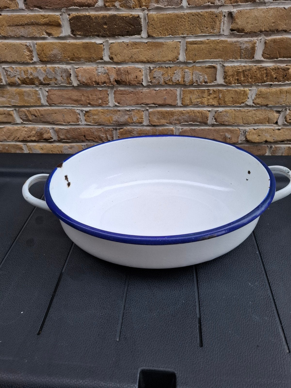 Ovale witte emaille schaal met blauwe rand, Antiek en Kunst, Ophalen of Verzenden