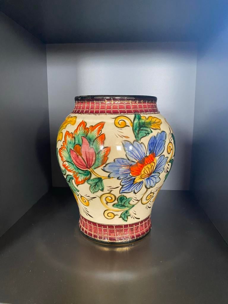 Vintage H. Bequet Quaregnon Vaas - Handgeschilderd Bloemen, Antiek en Kunst, Ophalen of Verzenden