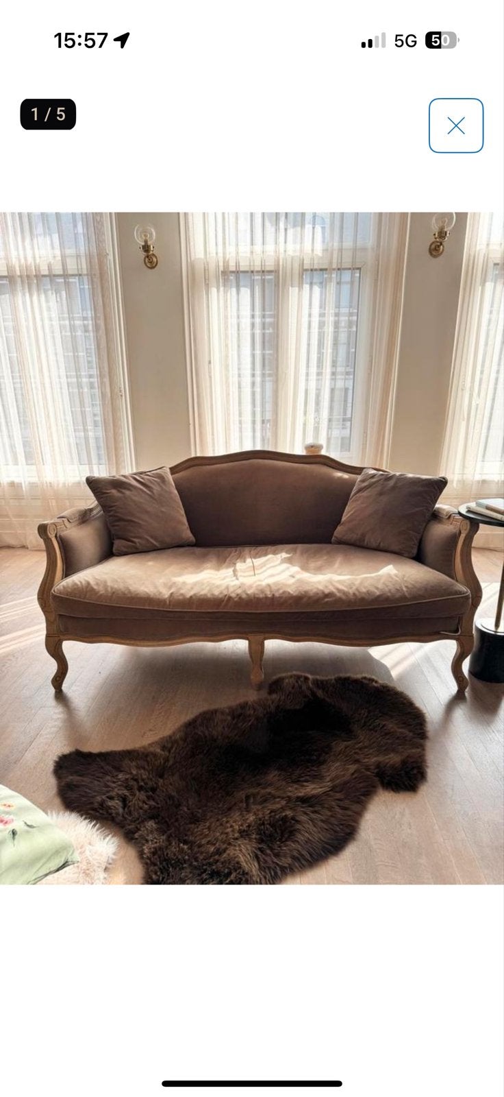 Maisons Du Monde bank taupe velvet Frans provinciale stijl, Ophalen, Gebruikt, 150 tot 200 cm, Driepersoons