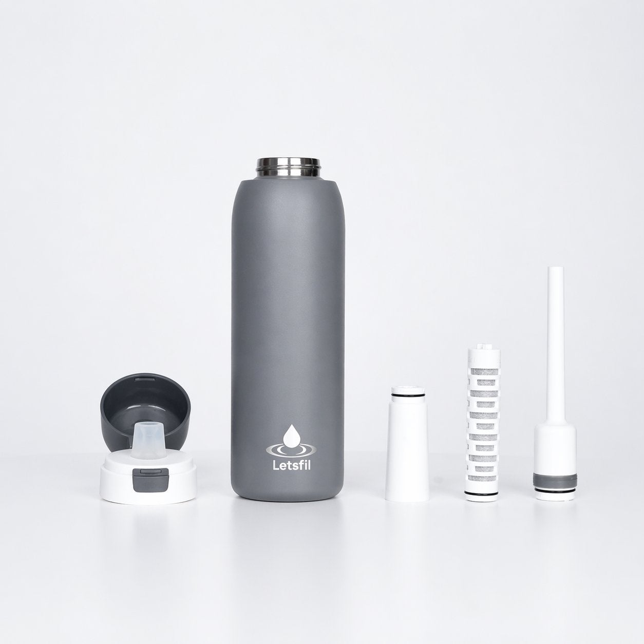 Letsfil Waterfles met Geïntegreerde Filter - Grijs, Sport en Fitness, Ophalen of Verzenden, Nieuw