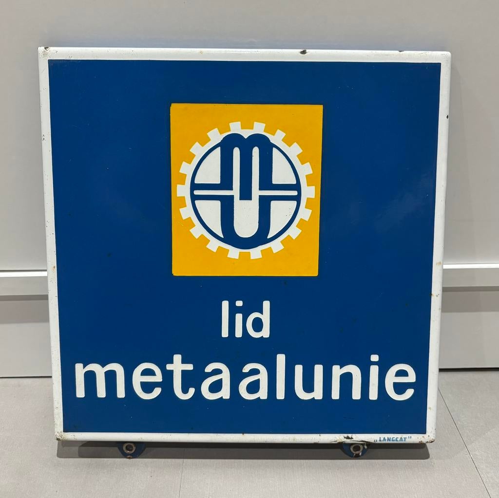 Emaille bordje van Langcat Lid Metaalunie, Verzamelen, Ophalen of Verzenden, Zo goed als nieuw, Reclamebord