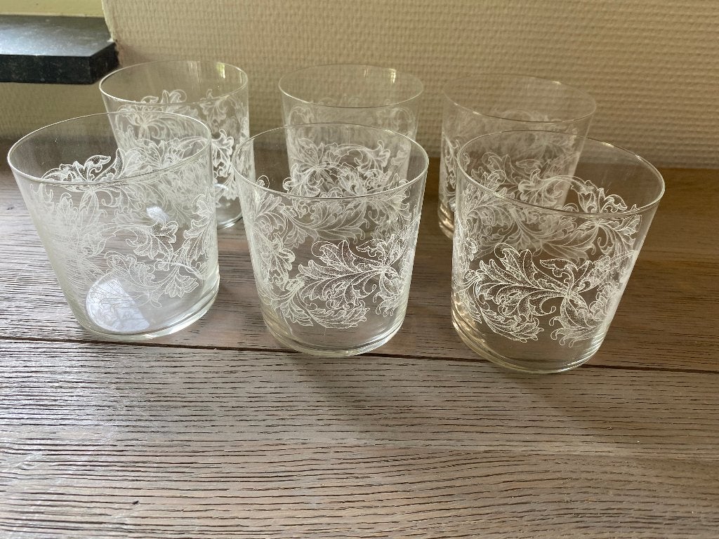 Set van 6 vintage whiskyglazen / glazen met barokmotief, Ophalen of Verzenden, Zo goed als nieuw, Overige typen
