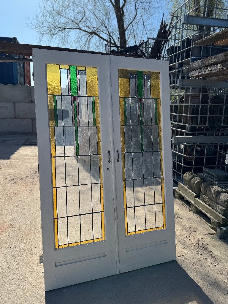 2 Sets antieke glas in lood deuren openslaand 211x135cm., Ophalen