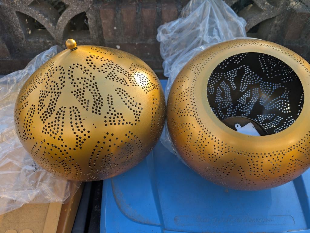 Set van 2 gouden Marokkaanse hanglampen, Ophalen, Minder dan 50 cm, Zo goed als nieuw, Marokkaans, Oosters, Sfeervol