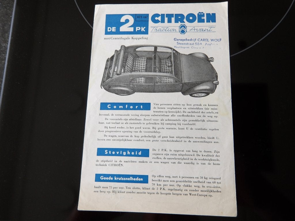 Citroën 2 PK Traction Avant 2cv eend Brochure - Zeldzaam, Garagebedrijf CAREL WOLF, Ophalen of Verzenden, Zo goed als nieuw, Citroën