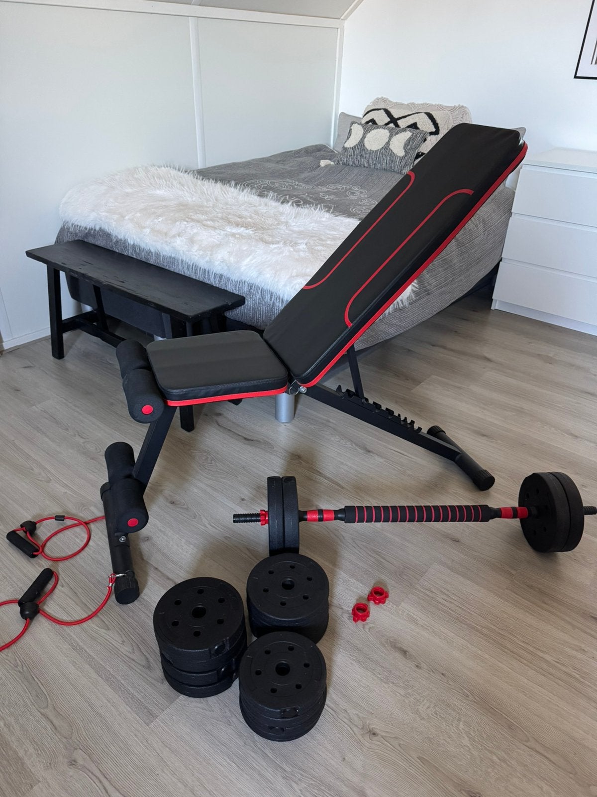 Fitnessbank halterbank halterset gewichten met stang zwart, Ophalen, Zo goed als nieuw, Fitnessbank