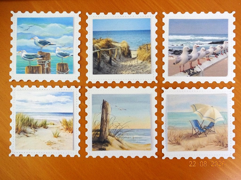 6 oplegkaartjes met glossy plaatje strand  snijmal, Ophalen of Verzenden, Nieuw, Overige thema's, Pons of Mal