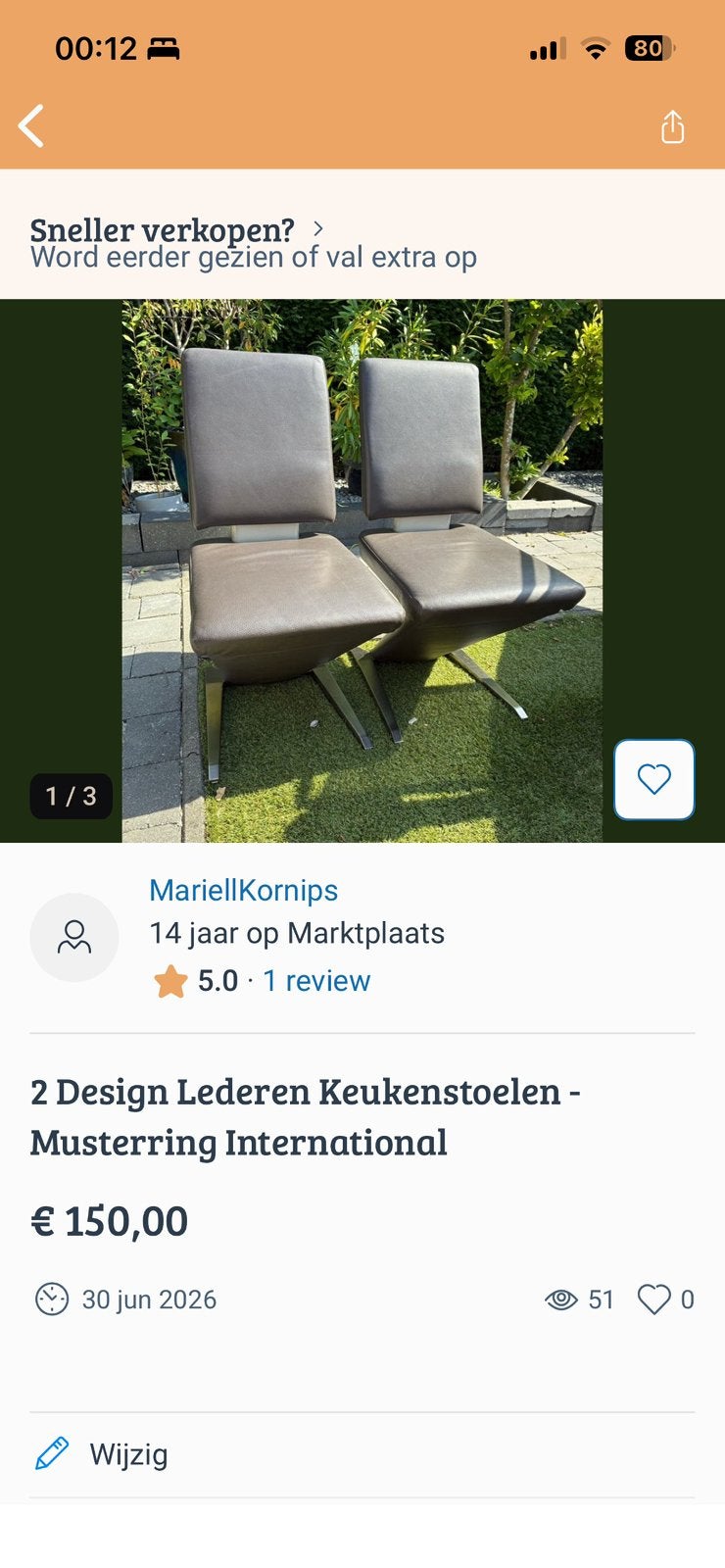 4 design lederen eetkamerstoelen., Ophalen, Overige kleuren, Design, Leer