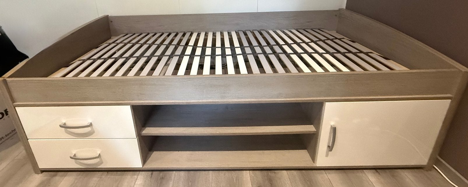 Kajuitbed licht eiken, lattenbodem lades en kastje, Huis en Inrichting, Ophalen, 90 cm, Eenpersoons, Wit