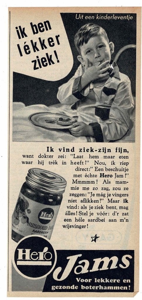 Ik ben lekker ziek ! Hij eet een boterham met HERO JAM 1950, Verzamelen, Verzenden, Zo goed als nieuw, Overige typen