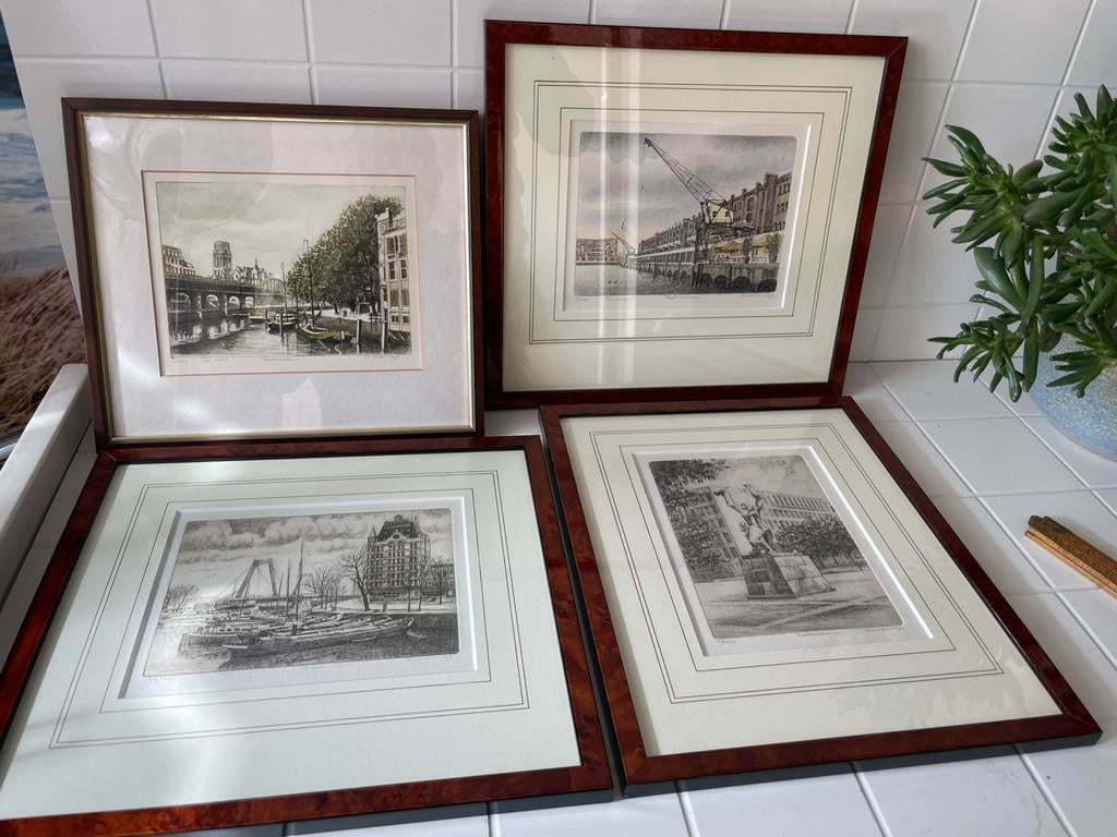 Set van 4 Etsen Albertus Wieringa Rotterdam Collectie, Antiek en Kunst, Ophalen