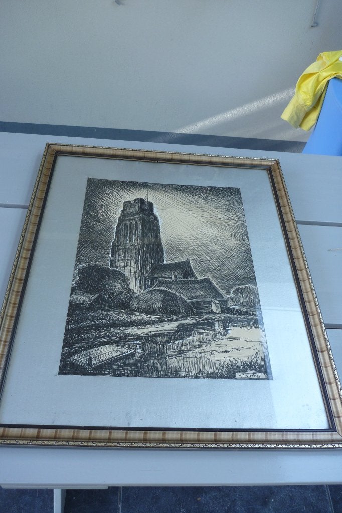 Kerktoren met boerderijen, hooischelf, wc huisje aan water, Ophalen of Verzenden