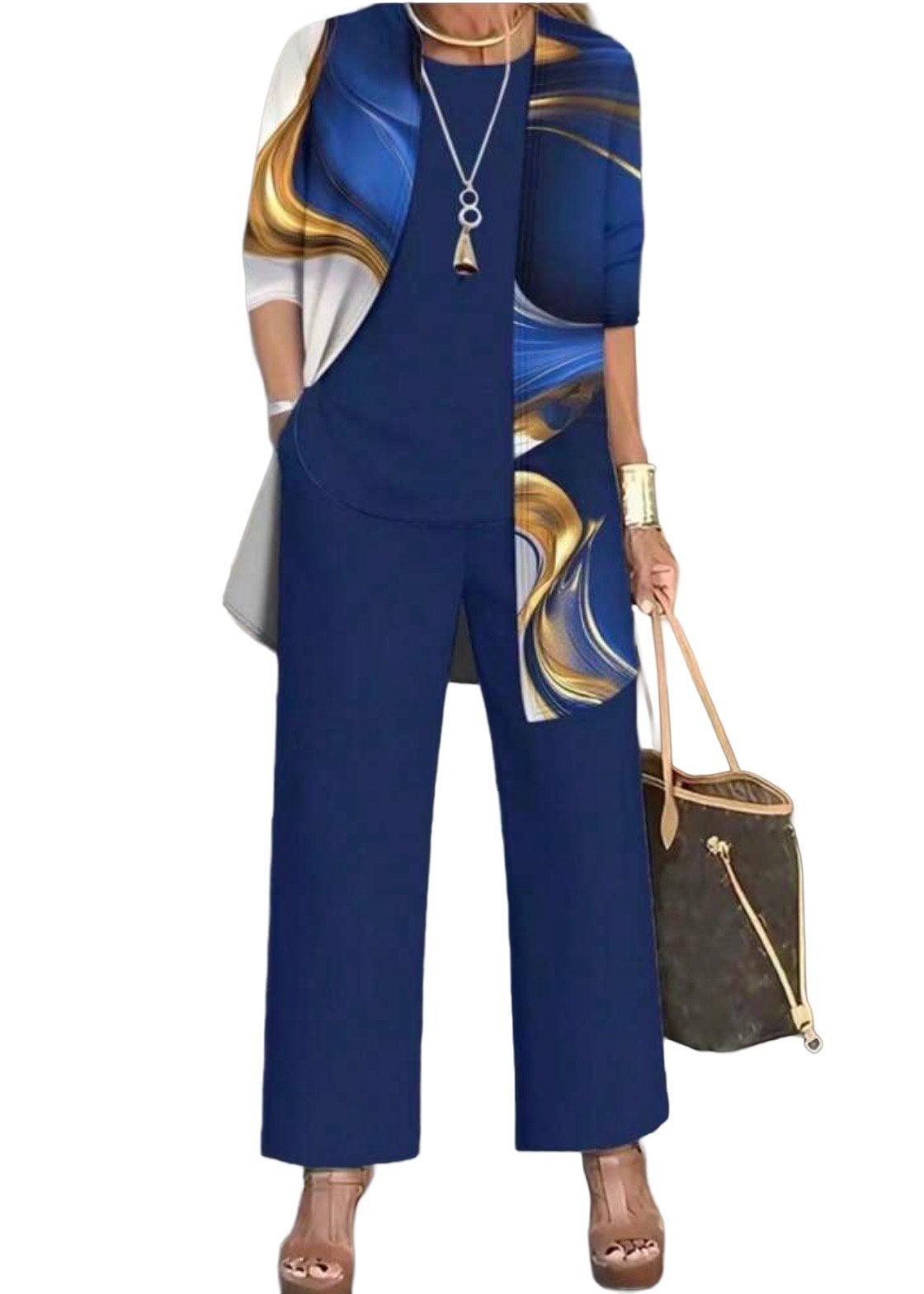 3-delige set: top, broek en vest - Donkerblauw (44-52), Kleding | Dames, Verzenden, Nieuw, Blauw, Broek of Spijkerbroek