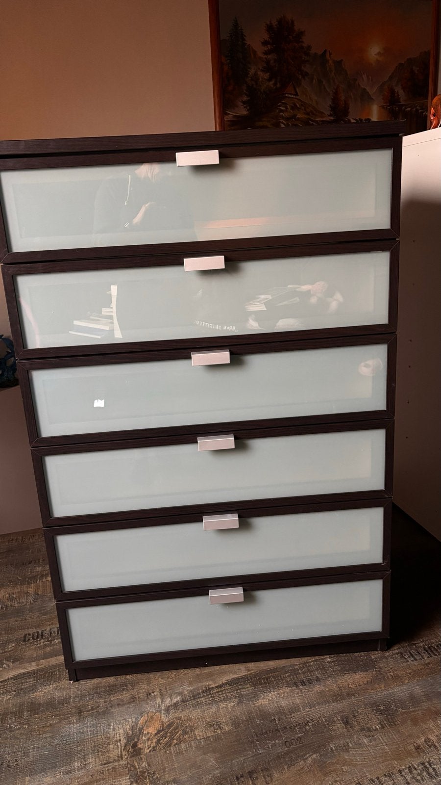 Ladekast met 6 lades, donkerbruin met melkglas, Ophalen, Gebruikt, 5 laden of meer, 50 tot 100 cm