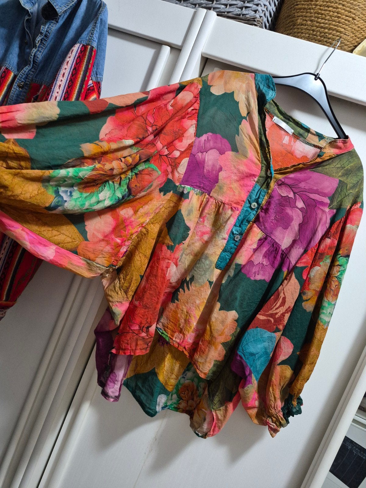 Bohemian bloemenblouse van India katoen one size xl, Kleding | Dames, Ophalen of Verzenden, Zo goed als nieuw, Maat 46/48 (XL) of groter