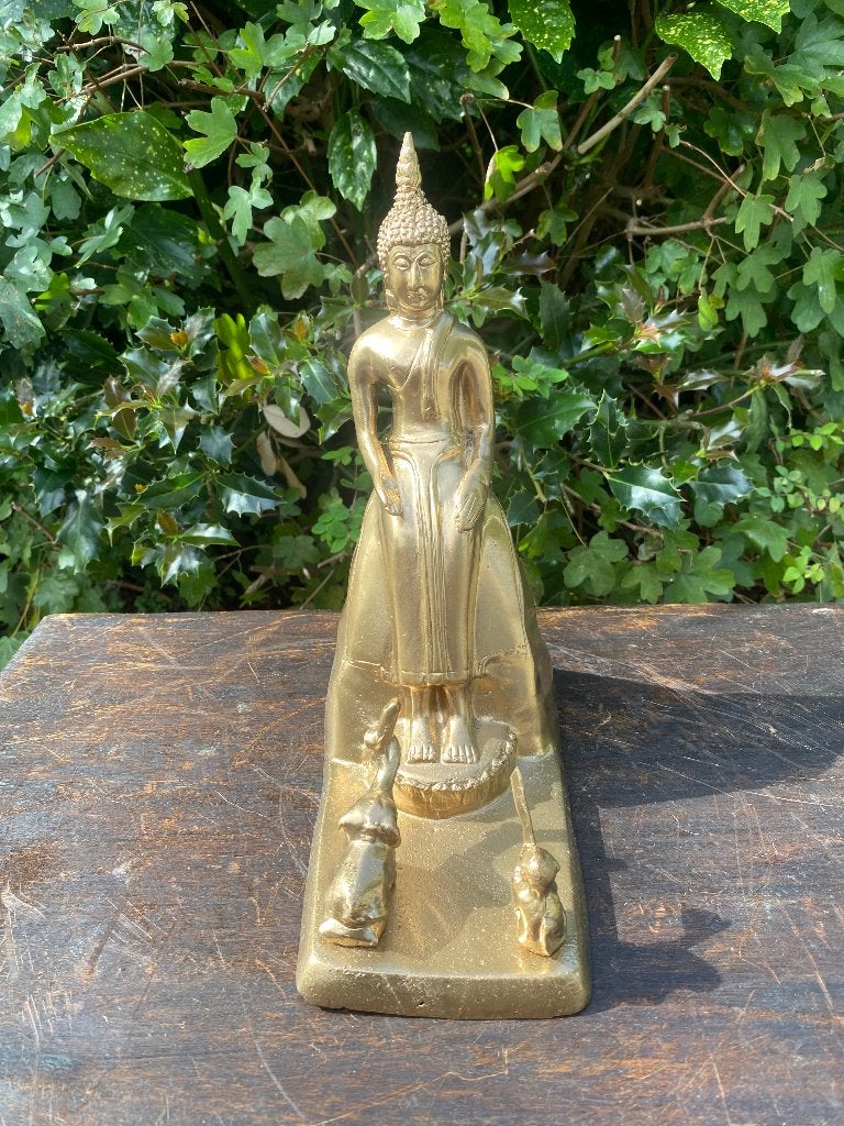 Boeddha met aap en olifant brons chrome beeld, Ophalen of Verzenden, Gebruikt, Beeld(je), Boeddhisme