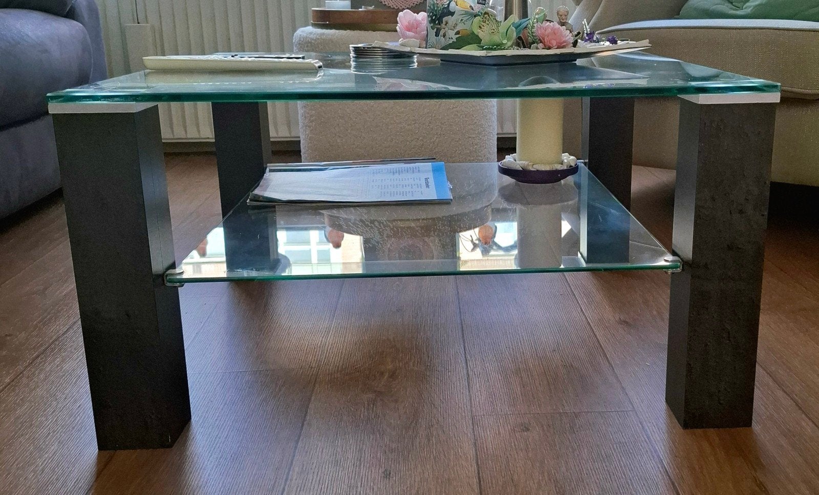 Glazen vierkante salontafel met extra opbergruimte, Ophalen, Gebruikt, Vierkant, Glas