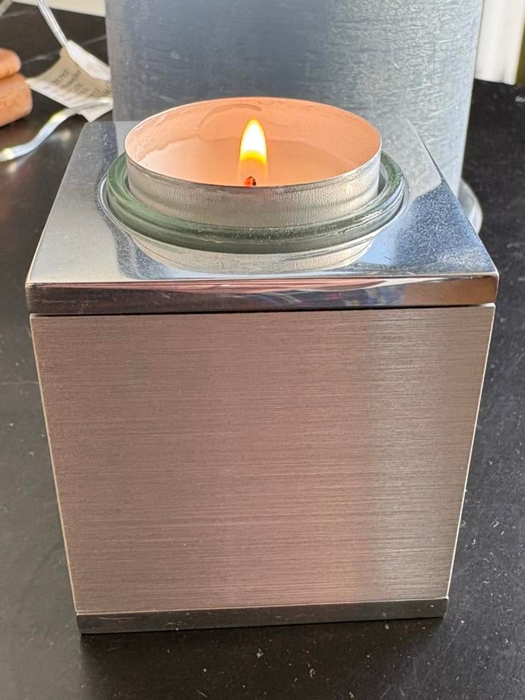 3 Waxinelichthouders met reservoir voor beetje as (mini urn), Ophalen of Verzenden, Zo goed als nieuw, Metaal, Kandelaar
