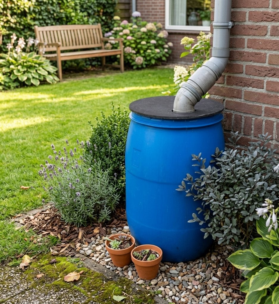 Blauwe regenton 120L met metalen afvoerbuis, 75 tot 150 liter, Ophalen, Gebruikt, Kunststof