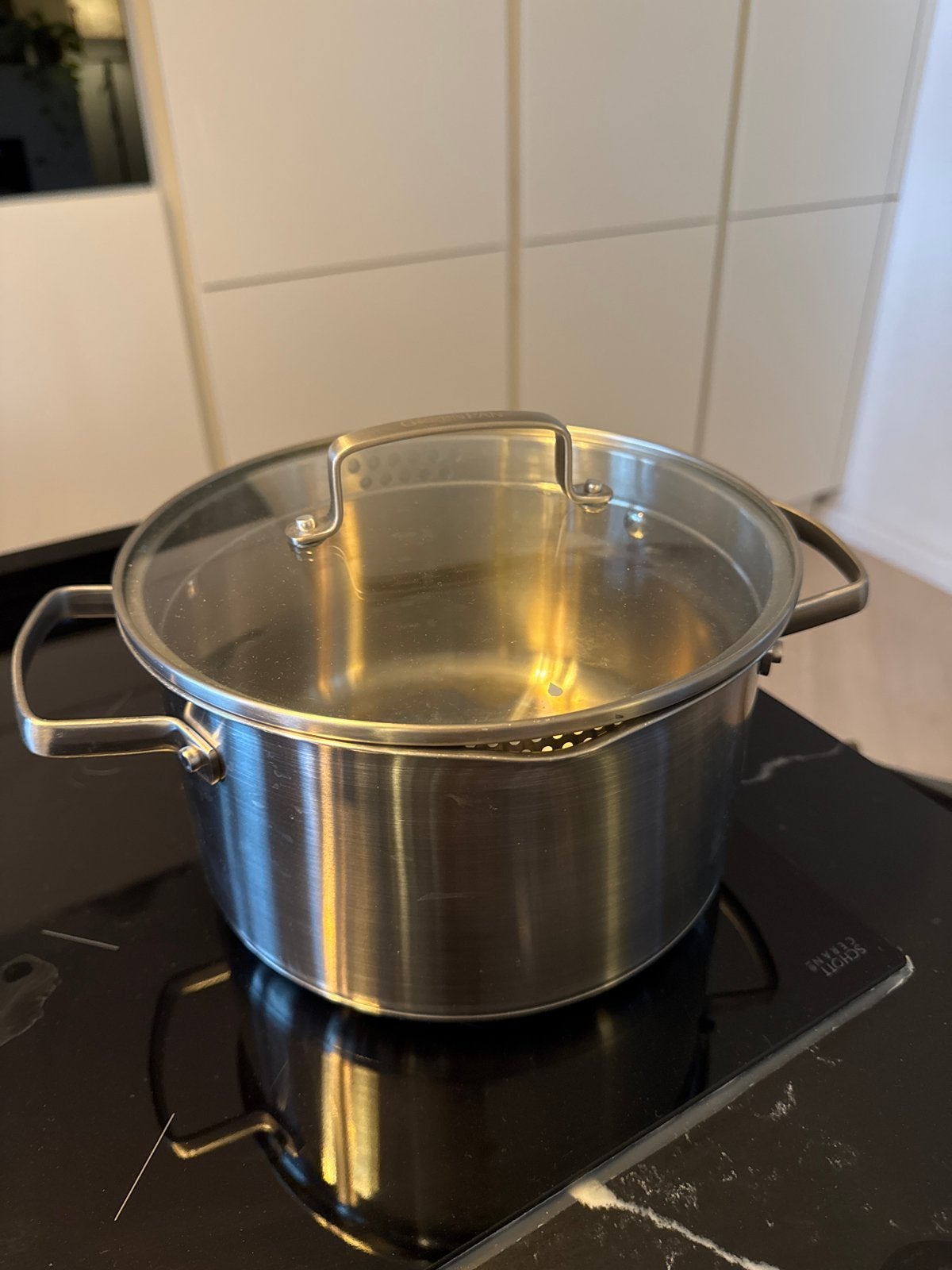 GreenPan Chefs Collection Kookpan 20cm 3L met afgietsysteem, Ophalen, Afgietsysteem, Zo goed als nieuw, GreenPan