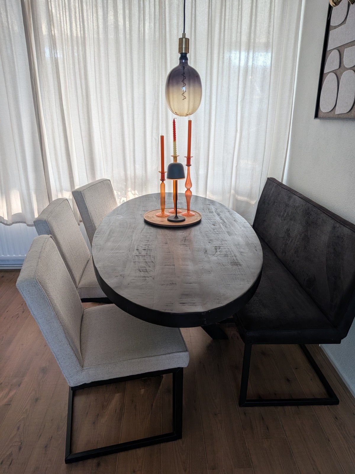 Ovale eettafel met bank en stoelen, Gebruikt, 50 tot 100 cm, Vijf personen of meer, 150 tot 200 cm