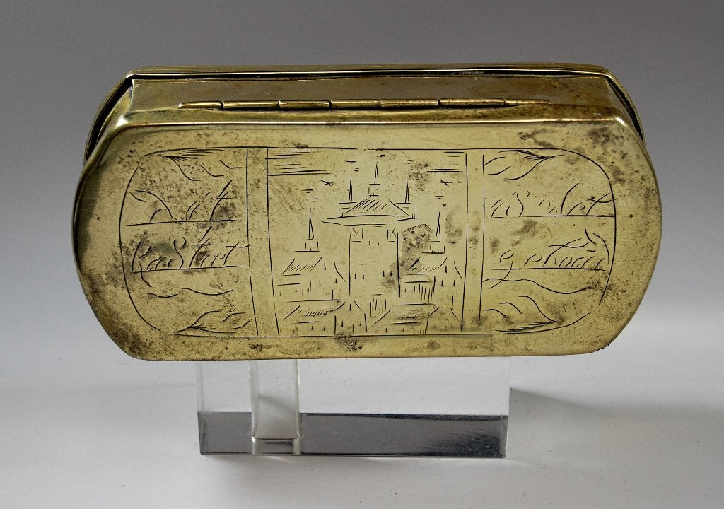 Tabaksdoos vroeg 18e met kasteel en moraliserende spreuk, Antiek en Kunst, Ophalen of Verzenden, Koper
