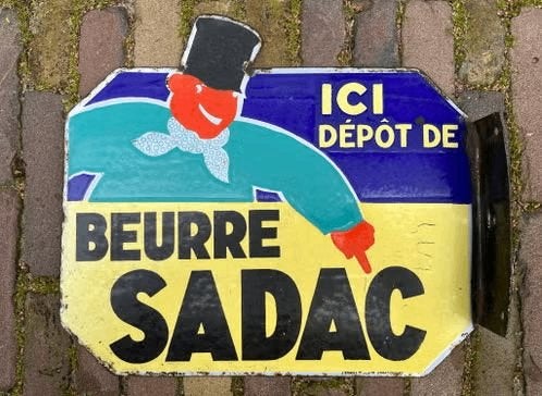 Origineel dubbelzijdig emaille reclame bord - Boter Sadac, Verzamelen, Ophalen of Verzenden, Gebruikt, Reclamebord