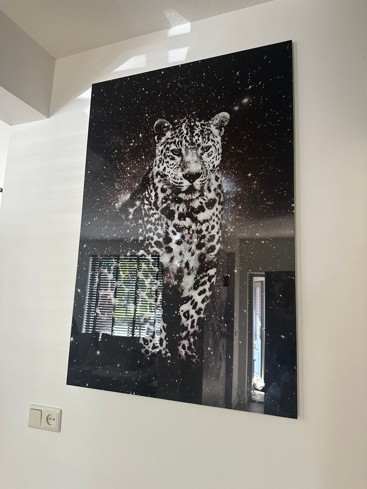 Glazen schilderij 120x80 zwart wit panter, Ophalen, Zo goed als nieuw, Schilderij