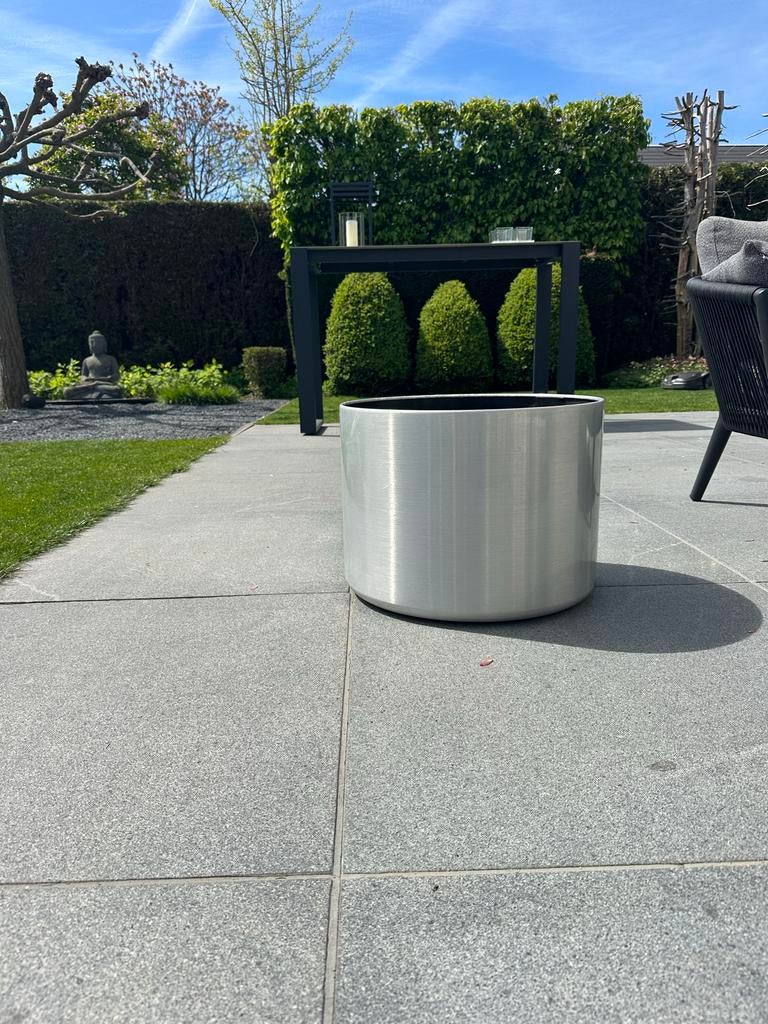 Verrijdbare plantenbak RVS geborsteld, Ø50cm, 37cm hoog, Tuin en Terras, Gebruikt, 40 cm of meer, Rond, Binnen