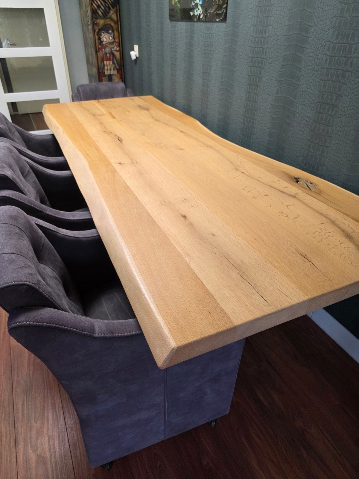 Handgemaakte eikenhouten tafel 270 cm, Ophalen, Gebruikt, Eikenhout, 200 cm of meer