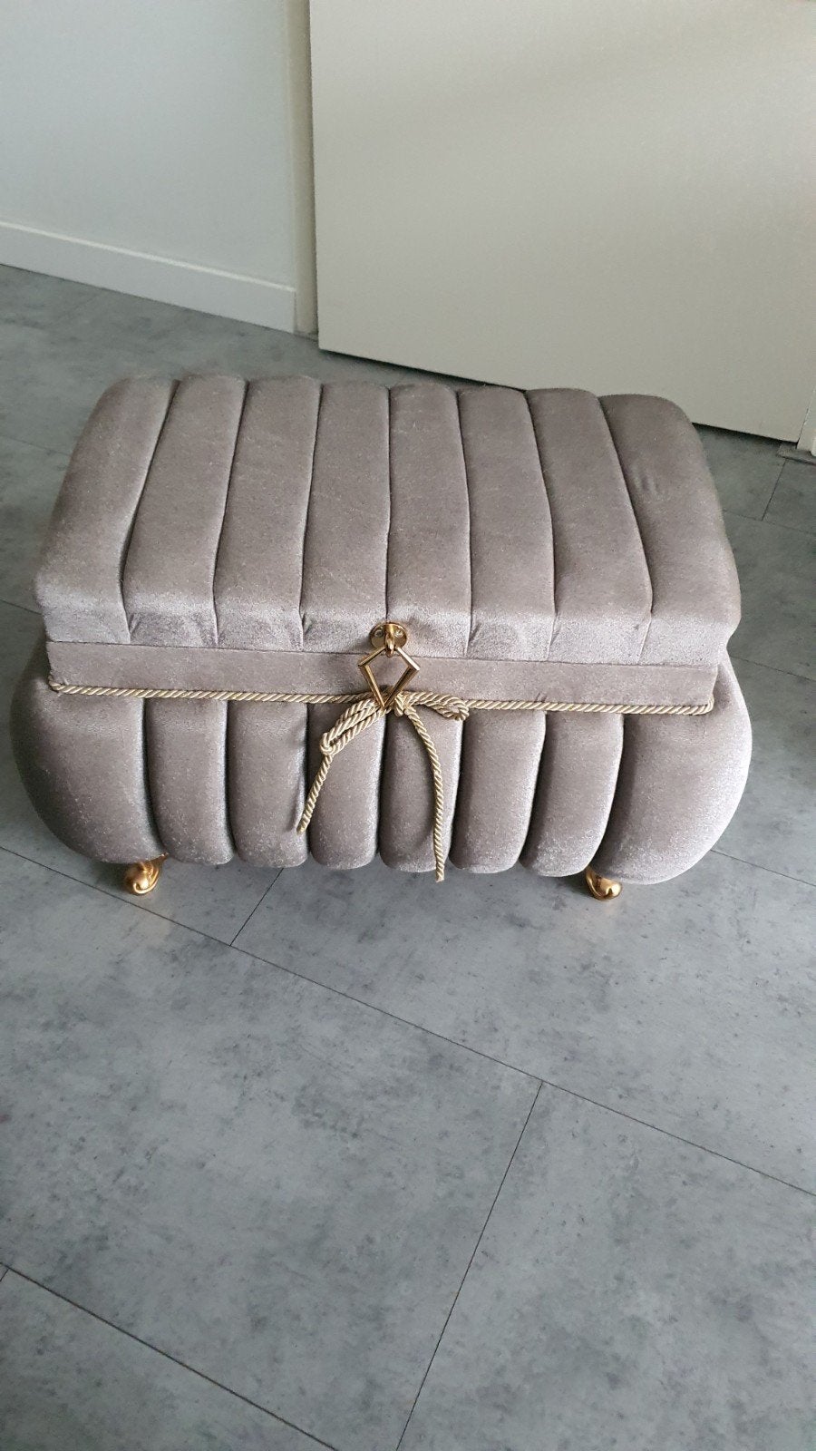 Luxe Opbergpoef - Grijs Velours met Gouden Details, Ophalen, Zo goed als nieuw, Modern, Grijs