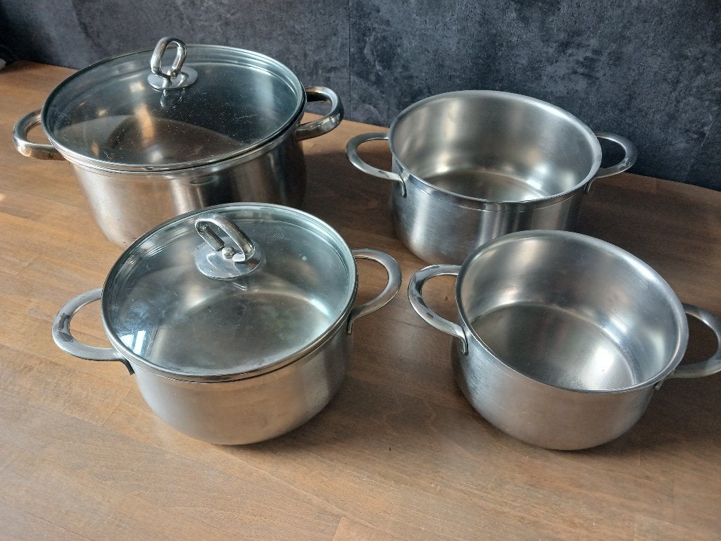 BK RVS Pannenset 4-delig met Glazen Deksels, Ophalen, Gebruikt, BK, Pannenset