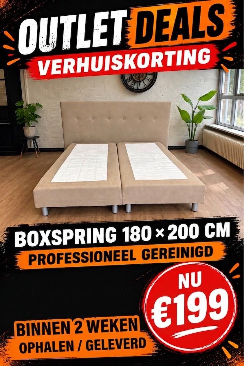 Beige Boxspring 180x200 cm met hoofdbord - Outlet Deal, Beige, Luxe, Tweepersoons, Ophalen of Verzenden