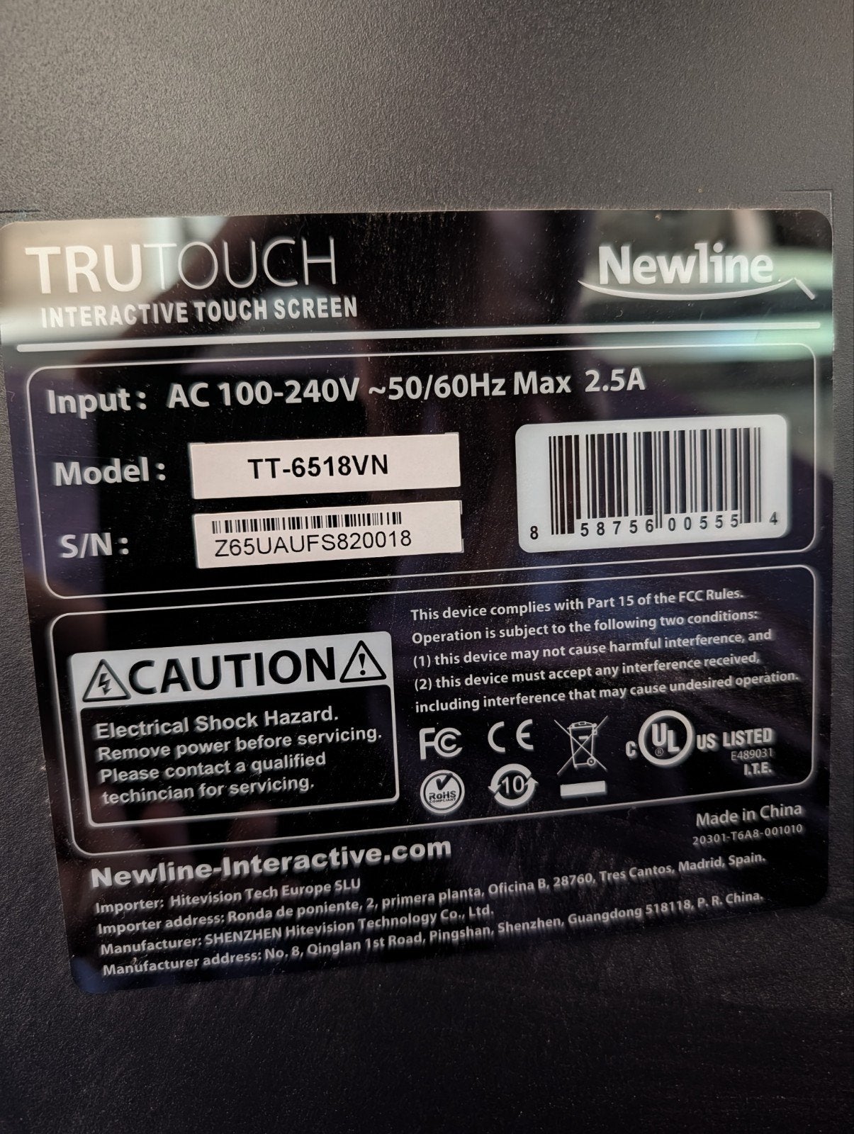 Newline TT-6518VN 65 inch touchscreen monitor, LED, 50 Hz, Zo goed als nieuw, 100 cm of meer