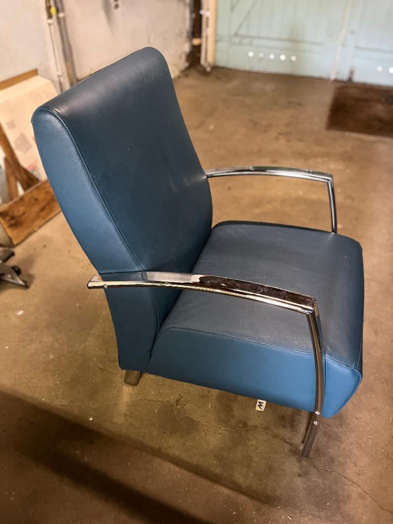 Design Fauteuil Stoel Montèl Blauw Leer Chromen Armleuning, Minder dan 75 cm, Zo goed als nieuw, Leer, 50 tot 75 cm