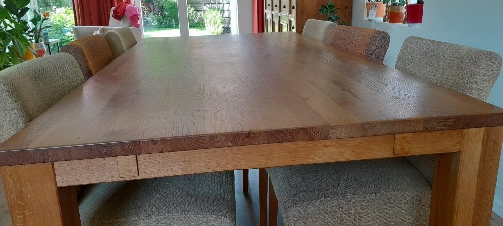 Massief eikenhouten eettafel met 2 verlengstukken, Huis en Inrichting, Tafels | Eettafels, Ophalen, Eikenhout, 200 cm of meer