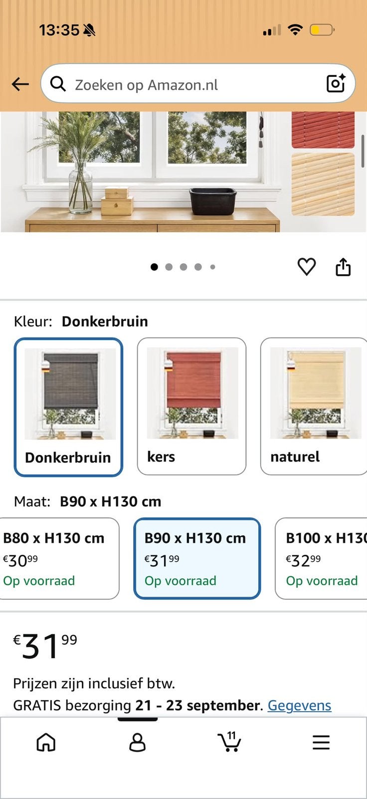 2 stuks Rolgordijn 90 x 130, Ophalen, 90 cm, Bruin, Zo goed als nieuw