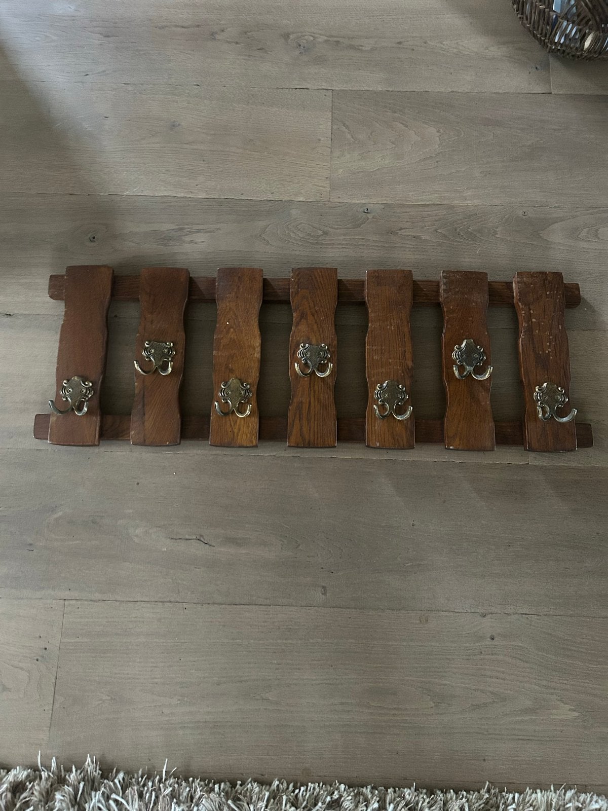 Brocante houten wandkapstok met 7 haken, Gebruikt, Minder dan 100 cm, Hout, Ophalen