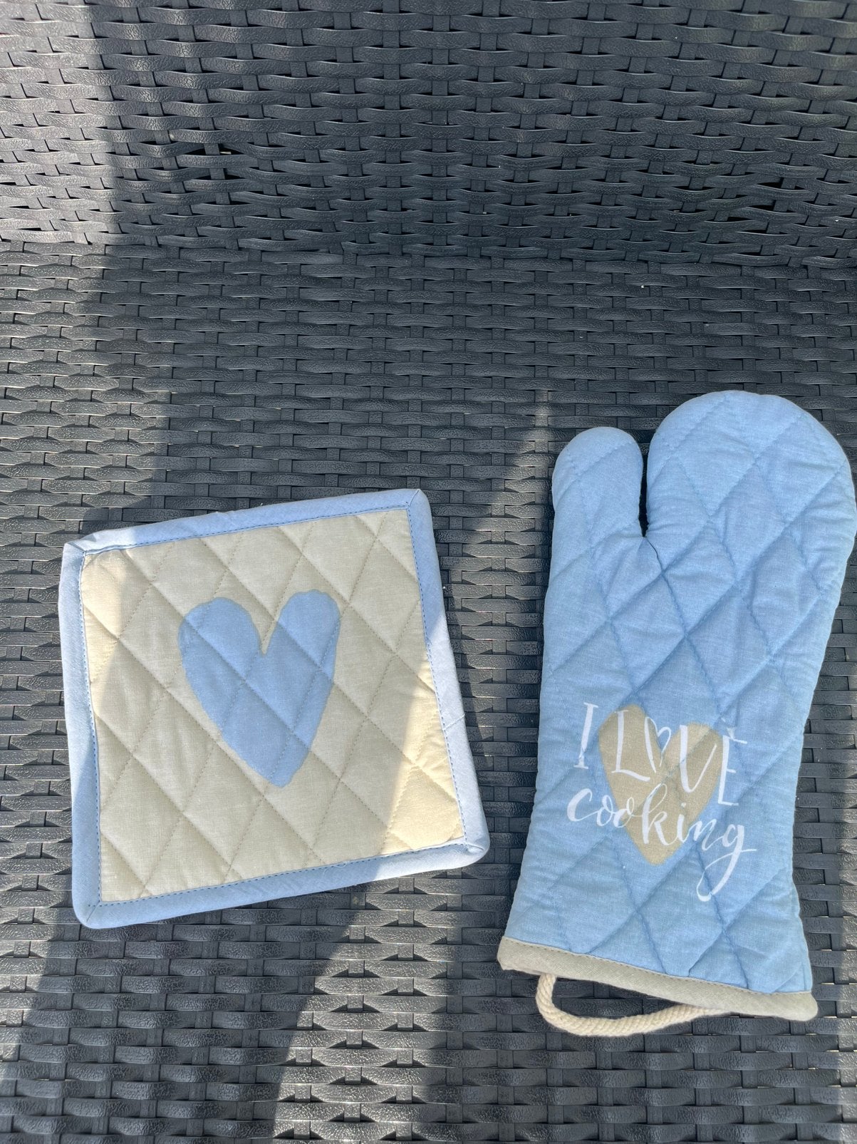 Ovenwant en pannenlap Rivièra Maison, I love cooking, Huis en Inrichting, Keuken | Textiel, Katoen, Blauw, Ovenwant, Nieuw