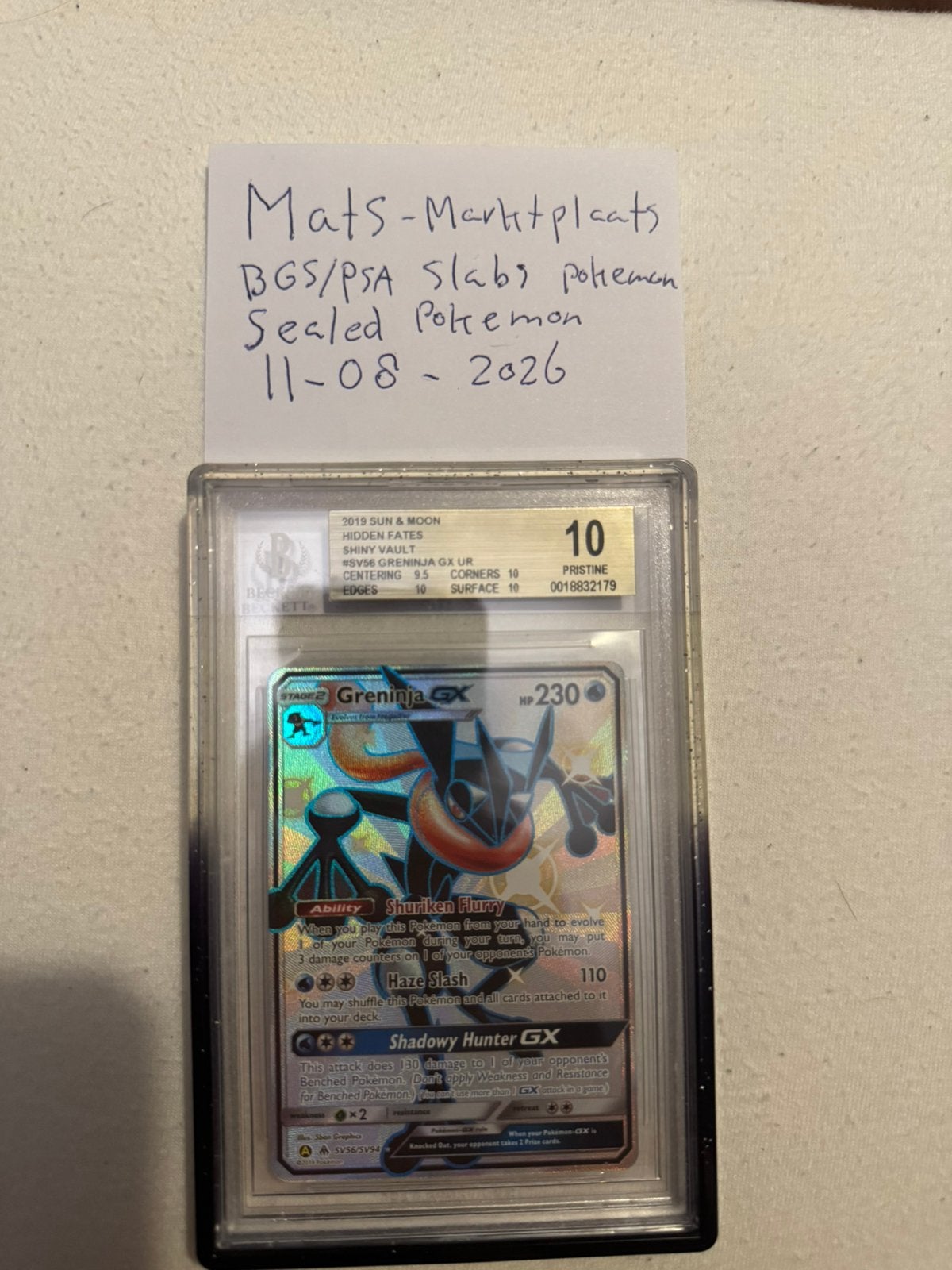 Greninja SV56 BGS 10 PRISTINE Hidden Fates Shiny Vault Chase, Ophalen of Verzenden, Zo goed als nieuw, Losse kaart, Foil